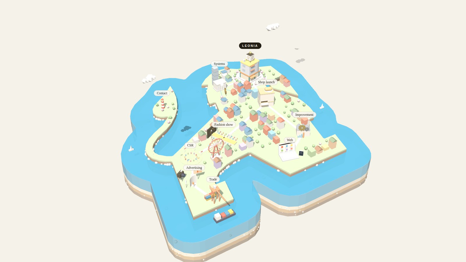 A diorama of an island shaped like the LEONIA lion logo, with buildings that stand for LEONIA’s businesses.
